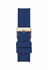 Cinturino per orologio in silicone blu con texture triangolare, fibbia in metallo dorato e fori regolabili per la misura. Due sezioni sovrapposte.