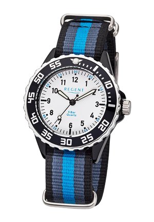 Analog wristwatch with white face, black bezel marked by minutes, black hour and minute hands, and striped black, gray, and blue fabric strap.