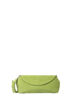Light green suede clutch bag with a flap closure and an adjustable strap, displayed against a white background.
