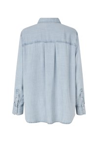 Camicia in denim azzurro chiaro con maniche lunghe, colletto, polsini con bottoni e design con pieghe sul retro. Texture morbida e vestibilità rilassata.