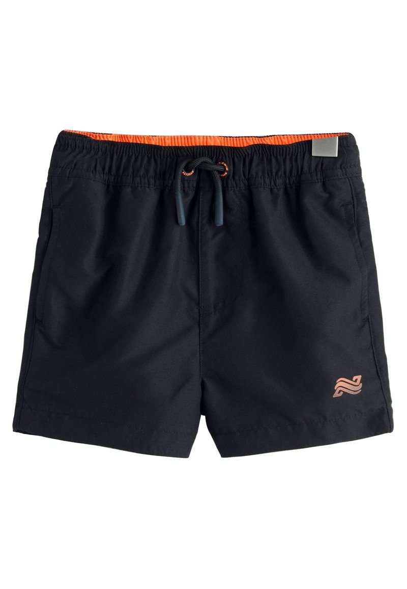 Pantaloni da bagno neri con vita elasticizzata e cordino regolabile. Presentano un accento arancione lungo la vita e un logo di lato.
