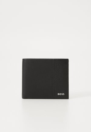 Black leather bifold wallet featuring a textured panel, embossed logo in silver, and a smooth finish on the remaining surface.