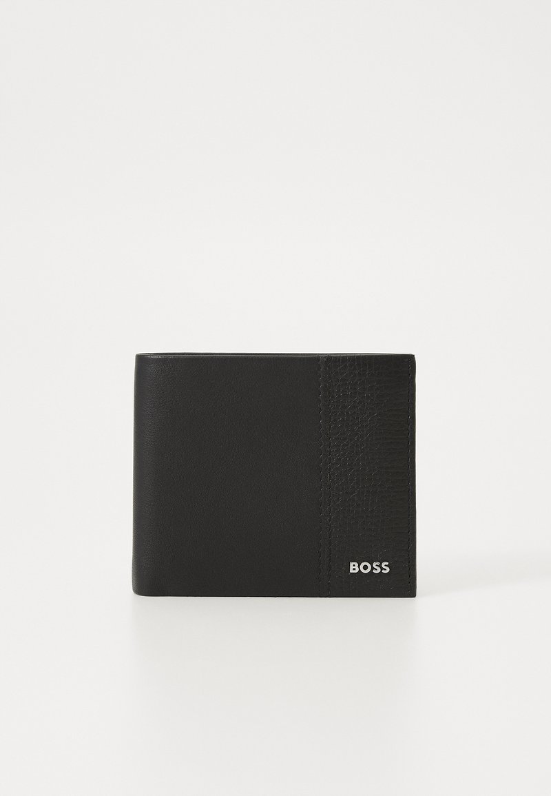 Black leather bifold wallet featuring a textured panel, embossed logo in silver, and a smooth finish on the remaining surface.