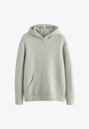 Jasnoszara bluza z kapturem, wykonana z miękkiego polaru, z przednią kieszenią kangurką oraz ściągaczami na długich rękawach i u dołu.