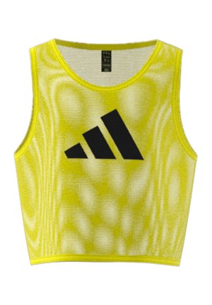 Żółta sportowa kamizelka bez rękawów z siateczki, z okrągłym dekoltem i dużym czarnym ukośnym logo na środku przodu.