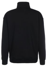 Black pullover sweatshirt with a high collar, long sleeves, and ribbed cuffs. Smooth texture with a relaxed fit and no visible patterns.