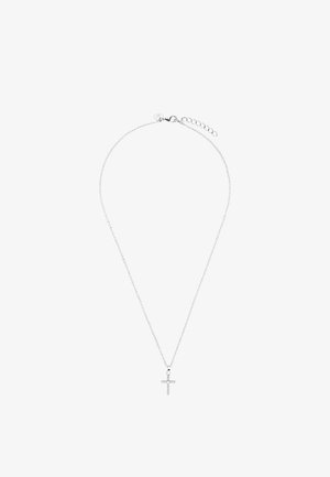 Zarte silberne Kette mit kleinem Kreuzanhänger, besetzt mit klaren Steinen, vor weißem Hintergrund abgebildet.