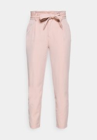 Ljusrosa byxor med en texturerad yta, som har hög midja, bältesöglor och ett knytbart tygbälte. Avsmalnande ben med sidofickor.