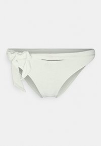Parte de baixo de biquíni de felpa branca com detalhe em laço lateral, textura suave e formato clássico. Apresenta uma cinturinha larga para maior conforto.