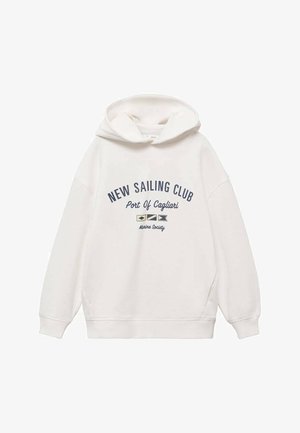 Weißer Hoodie aus weichem Stoff mit einem Frontdruck: "NEUER SEGELCLUB Hafen von Cagliari Marine Society" und nautischen Symbolen.