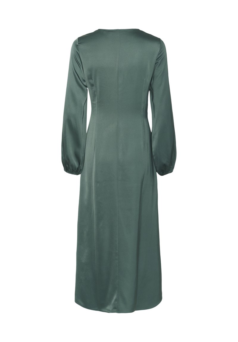 bottle green silk dress Dark Green Formal Dress Tea-Length Short Sleeves Ruffles A-Line Stretc main image 0