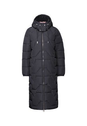 Sort pufferjakke med hætte, med et skråt quiltet mønster, fuld længde lynlås lukning og justerbare snore.