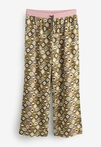 Spalvingos raštuotos pižamos kelnės su rožiniu elastingu liemeniu, geometriniu raštu žalių, geltonų ir juodų atspalvių, laisvo kirpimo.