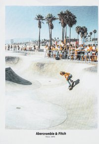 Skeitborda grafika uz baltas fona attēlo palmas un skeitparka ainu ar skatītājiem, kurā var redzēt bērnu, kas skeitē džinsa biksēs.