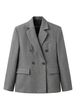 Grijze dubbelgeknoopte blazer met een subtiel ruitpatroon, notch-revers, twee voorzakken met klep en een borstzak.