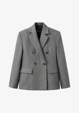 Sivi dvoredni sako s finim karo uzorkom, reverima sa urezom, dva prednja džepa s klapnama i džep na prsima.