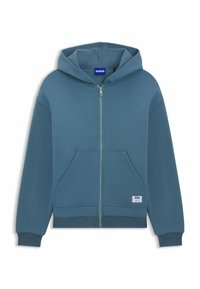 Hooded zip-up sweatshirt in een gedempt blauw, gemaakt van een zachte katoenmix, met zijzakken en geribde manchetten. HUGO-label op de zoom.