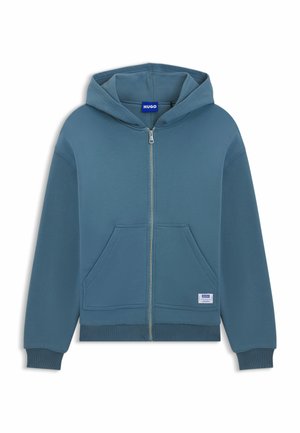 Huppari, jossa on huppu ja vetoketju, hillityn sininen, pehmeästä puuvillasekoitteesta valmistettu, etutaskut ja ribbireunat. HUGO-tunnus helmassa.