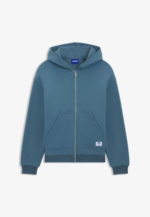 Sudadera con capucha y cremallera en azul apagado, hecha de una suave mezcla de algodón, con bolsillos frontales y puños acanalados. Etiqueta HUGO en el dobladillo.