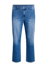 Modré džínsové nohavice zo strečového denimu s rovnými nohavicami, piatimi vreckami a kontrastným prešitím. Materiál má vybledlú úpravu a klasický pás.