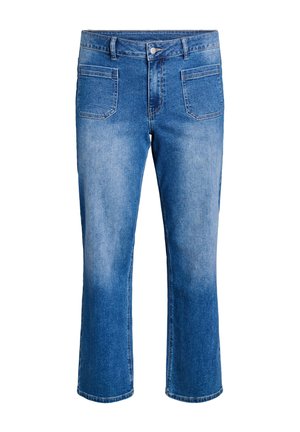 Jeans in denim blu con taglio a gambe dritte, cinque tasche e cuciture a contrasto. Il tessuto presenta un lavaggio sbiadito e una cintura classica.