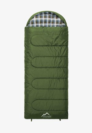 Grüner Schlafsack mit einem karierten Baumwollfutter, das eine gepolsterte Textur, eine rechteckige Form und horizontale Nähte aufweist.