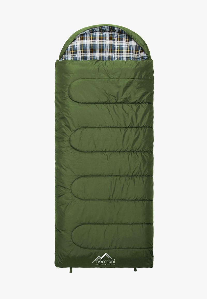 Grüner Schlafsack mit einem karierten Baumwollfutter, das eine gepolsterte Textur, eine rechteckige Form und horizontale Nähte aufweist.