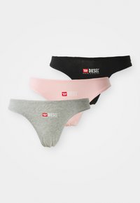Set van drie stringondergoed in zwart, roze en grijs katoen. Elk stuk heeft een logo met het woord "DIESEL" in het wit aan de voorkant.