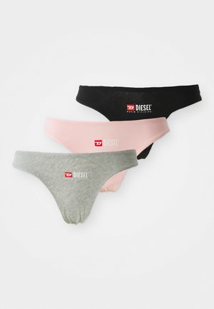 Set med tre trosor i svart, rosa och grå bomull. Varje trosor har en logotyp med ordet "DIESEL" i vitt på framsidan.