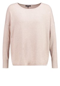 Pull beige à manches longues avec col rond, poignets et ourlet côtelés, fabriqué en tissu tricoté doux.