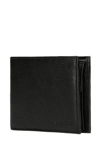 Zwarte lederen portemonnee met een gestructureerde afwerking, met een bi-fold ontwerp en zichtbare stiksels. Heeft meerdere kaartsleuven en een vak voor biljetten.