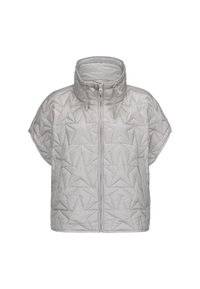 Gefütterte Kurzarmjacke in Hellgrau mit Sternmustern, hohem Kragen und vorderem Reißverschluss mit Kordelzugdetails.