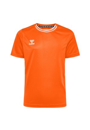 Orange sports trøje, kortærmet, glat tekstur, med en sort og hvid stribet rund hals og et logo på venstre bryst.