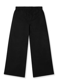 Zwarte wijde broek van katoen, met een elastische tailleband en een enkele achterzak. Zachte textuur zonder zichtbare patronen.