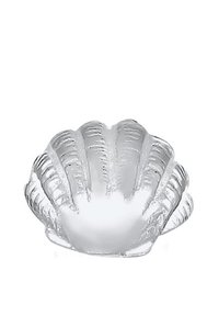 Genomskinlig glasfat i skalform med en strukturerad yta och vågiga kanter, som har en slät insida och detaljerade åsar på utsidan.