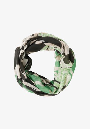 Sciarpa multicolore con motivi verdi, neri e crema in un tessuto leggero e morbido; progettata come un anello continuo per essere indossata facilmente.