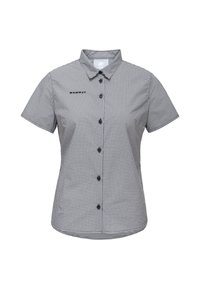 Camicia a maniche corte con bottoni in tessuto a scacchi bianco e nero, dotata di colletto, cinque bottoni e un logo sul lato sinistro del petto.