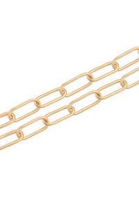 Twee parallelle gouden kettingen met langwerpige ovale schakels op een witte achtergrond.
