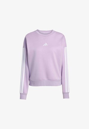 Lilac Adidas crewneck sweatshirt with white three stripes down sleeves and small white Adidas logo on chest, plain background.