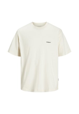 Cremefarbene Baumwoll-T-Shirt mit lockerer Passform, kurzen Ärmeln, rundem Ausschnitt und einem kleinen schwarzen "Originals*" Logo auf der Vorderseite.