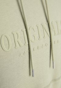 Sudadera con capucha verde claro que presenta texto en relieve, cordones trenzados y puntas metálicas. Textura de tela suave con un acabado sutil y liso.