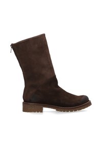 Brązowe zamszowe botki za kostkę z suwakiem, zaokrąglonym noskiem, kontrastującym ciemnym czubkiem oraz teksturowaną gumową podeszwą. Gładka cholewka i matowe wykończenie.