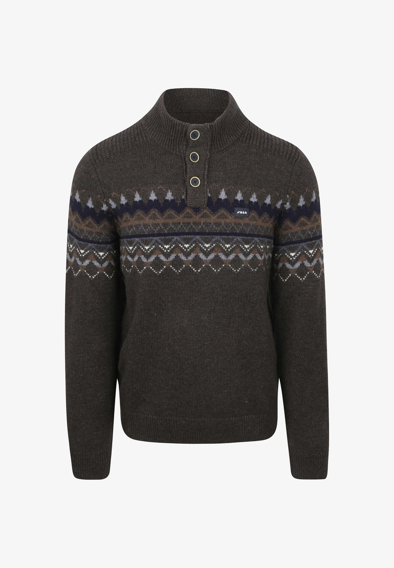 Bruine gebreide trui met een hoge kraag, drie knopen en een geometrisch patroon in donkerblauw, lichtgrijs en bruin over de borst.