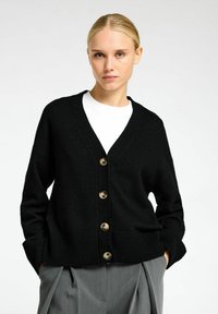 Musthave muströöp, V-kaeluse, nööpidest esist ja ribakudumisega varrukatest. Stiliseeritud hallide pükstega.