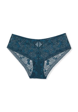 Ropa interior de encaje color azul verdoso con patrones florales y geométricos, que presenta un diseño semitransparente y bordes con volantes para añadir textura.