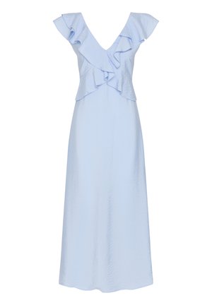Light blue sleeveless maxi dress with deep V-neckline and layered ruffle detailing on bodice and shoulders.