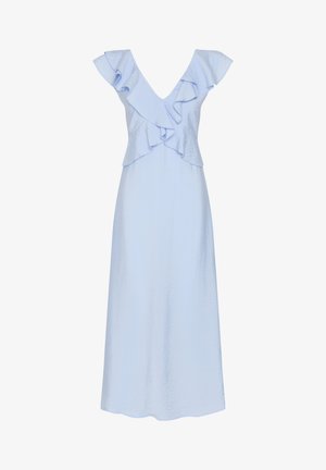 Light blue sleeveless maxi dress with deep V-neckline and layered ruffle detailing on bodice and shoulders.