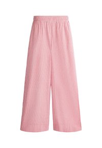 Pantalon large à rayures verticales roses et blanches avec taille élastique et longueur raccourcie.