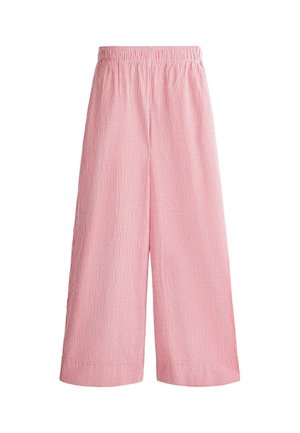 Pink and white vertical striped wide-leg pants with elastic waistband and cropped length.