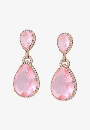 Orecchini a forma di goccia rosa con accenti trasparenti simili a diamanti, montati in metallo dorato. Due gocce collegate creano un design pendente con pietre sfaccettate.